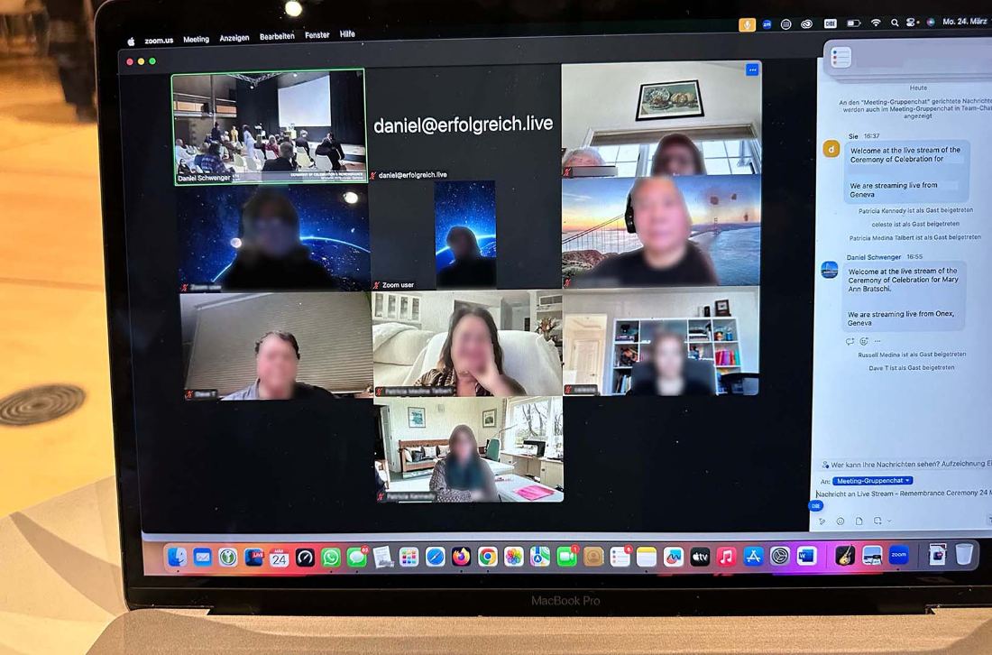 Remote family and guests attending a funeral live via Zoom