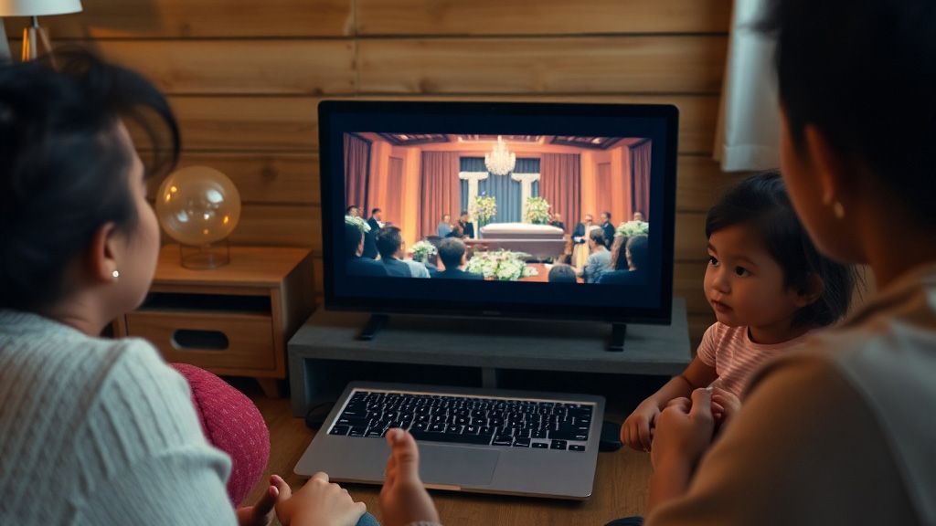 Une famille regardant ensemble la diffusion en direct de funérailles à la maison